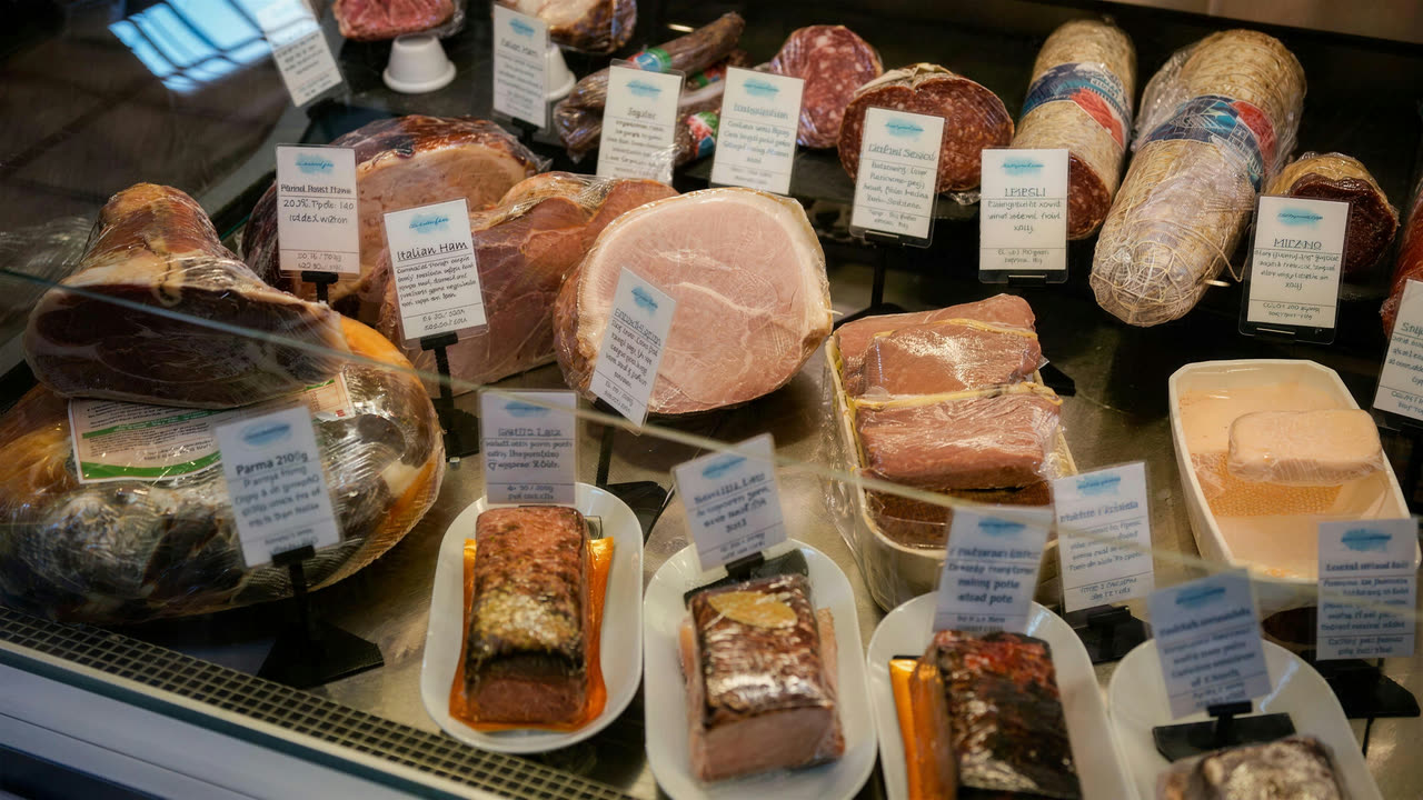 Hams, salami, terrines and pâté under glass at Chaplais Deli, each with a handwritten label